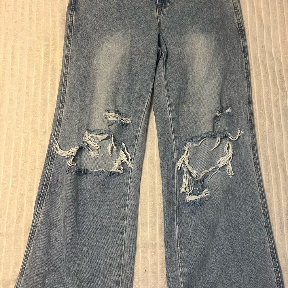 PacSun Blue Flare Wide Leg Jeans with Distressed Knees